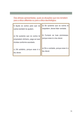 31
Das alíneas apresentadas, quais as situações que nos remetem
para a ética utilitarista ou para a ética deontológica:
f) Ajuda os outros para que os
outros também te ajudem.
e) Se quiseres que os outros te
emprestem dinheiro, paga as tuas
dívidas conforme acordado.
c) Sê solidário, porque esse é o
teu dever.
d) Se quiseres que os outros te
respeitem, deves falar verdade.
b) Cumpre as tuas promessas,
porque esse é o teu dever.
a) Diz a verdade, porque esse é o
teu dever.
 