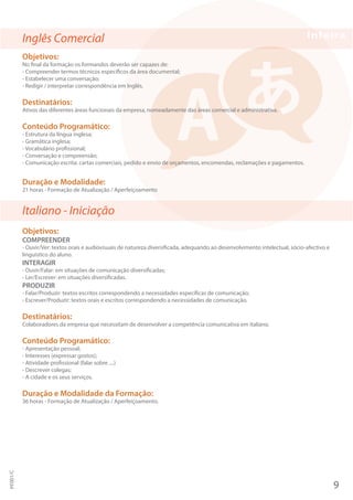 9
PF001/C
Inglês Comercial
Objetivos:
No final da formação os formandos deverão ser capazes de:
- Compreender termos técnicos específicos da área documental;
- Estabelecer uma conversação;
- Redigir / interpretar correspondência em Inglês.
Destinatários:
Ativos das diferentes áreas funcionais da empresa, nomeadamente das áreas comercial e administrativa.
Conteúdo Programático:
- Estrutura da língua inglesa;
- Gramática inglesa;
- Vocabulário profissional;
- Conversação e compreensão;
- Comunicação escrita: cartas comerciais, pedido e envio de orçamentos, encomendas, reclamações e pagamentos.
Duração e Modalidade:
21 horas - Formação de Atualização / Aperfeiçoamento
Italiano - Iniciação
Objetivos:
COMPREENDER
- Ouvir/Ver: textos orais e audiovisuais de natureza diversificada, adequando ao desenvolvimento intelectual, sócio-afectivo e
linguístico do aluno.
INTERAGIR
- Ouvir/Falar: em situações de comunicação diversificadas;
- Ler/Escrever: em situações diversificadas.
PRODUZIR
- Falar/Produzir: textos escritos correspondendo a necessidades específicas de comunicação;
- Escrever/Produzir: textos orais e escritos correspondendo a necessidades de comunicação.
Destinatários:
Colaboradores da empresa que necessitam de desenvolver a competência comunicativa em italiano.
Conteúdo Programático:
- Apresentação pessoal;
- Interesses (expressar gostos);
- Atividade profissional (falar sobre ....)
- Descrever colegas;
- A cidade e os seus serviços.
Duração e Modalidade da Formação:
36 horas - Formação de Atualização / Aperfeiçoamento.
 