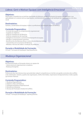 Liderar, Gerir e Motivar Equipas com Inteligência Emocional
Objetivos:
Desenvolver competências ao nível das capacidades de liderança, gestão e motivação de equipas que permitam a sua
aplicabilidade em contexto real nas organizações, contribuindo para a melhoria da satisfação dos colaboradores e do clima
social.
Destinatários:
Gestores, coordenadores de equipas e todos os profissionais que exerçam cargos de liderança.
Conteúdo Programático:
- A missão das equipas no comportamento organizacional;
- A gestão por objetivos;
- Perfil de competências de liderança;
- Perfil de competências de Coaching;
- Inteligência emocional e o aumento de desempenho da equipa;
- Atitudes e comportamentos assertivos;
- Benefícios de uma liderança eficaz e custos de uma liderança ineficaz;
- Características de um processo de liderança;
- Métodos e técnicas de análise e resolução de problemas.
Duração e Modalidade da Formação:
24 horas - Formação de Atualização I Aperfeiçoamento.
Mudança Organizacional
Objetivos:
No final da formação os formandos devem ser capazes de:
- Liderar processos organizacionais complexos;
- Mudança Emergente.
Destinatários:
Profissionais das mais diversas áreas que pretendam adquirir competências ao nível de uma gestão construtiva dos conflitos
e das reclamações. Gestores, quadros das organizações, chefias Intermédias, responsáveis de departamentos e todos aqueles
que tenham interesse.
Conteúdo Programático:
1. Mudança Organizacional;
2. Objetivo e Alvos da Mudança;
3. Tipologia de Mudança Organizacional;
4. Resistência à Mudança;
5. Técnicas de Prevenção e Gestão de Conflitos.
Duração e Modalidade da Formação:
14 horas - Formação de Atualização / Aperfeiçoamento.
12
PF001/C
 