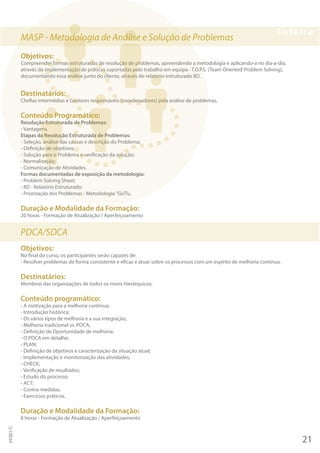MASP - Metodologia de Análise e Solução de Problemas
Objetivos:
Compreender formas estruturadas de resolução de problemas, apreendendo a metodologia e aplicando-a no dia-a-dia,
através da implementação de práticas suportadas pelo trabalho em equipa - T.O.P.S. (Team Oriented Problem Solving),
documentando essa análise junto do cliente, através do relatório estruturado 8D.
Destinatários:
Chefias intermédias e Gestores responsáveis (coordenadores) pela análise de problemas.
Conteúdo Programático:
Resolução Estruturada de Problemas:
- Vantagens.
Etapas da Resolução Estruturada de Problemas:
- Seleção, análise das causas e descrição do Problema;
- Definição de objetivos;
- Solução para o Problema e verificação da solução;
- Normalização;
- Comunicação de Atividades.
Formas documentadas de exposição da metodologia:
- Problem Solving Sheet;
- 8D - Relatório Estruturado;
- Priorização dos Problemas - Metodologia "GUTu.
Duração e Modalidade da Formação:
20 horas - Formação de Atualização / Aperfeiçoamento
PDCA/SDCA
Objetivos:
No final do curso, os participantes serão capazes de:
- Resolver problemas de forma consistente e eficaz e atuar sobre os processos com um espírito de melhoria contínua.
Destinatários:
Membros das organizações de todos os níveis hierárquicos.
Conteúdo programático:
- A motivação para a melhoria contínua;
- Introdução histórica;
- Os vários tipos de melhoria e a sua integração;
- Melhoria tradicional vs. PDCA;
- Definição de Oportunidade de melhoria;
- O PDCA em detalhe;
- PLAN;
- Definição de objetivos e caracterização da situação atual;
- Implementação e monitorização das atividades;
- CHECK;
- Verificação de resultados;
- Estudo do processo;
- ACT;
- Contra-medidas;
- Exercícios práticos.
Duração e Modalidade da Formação:
8 horas - Formação de Atualização / Aperfeiçoamento
21
PF001/C
 