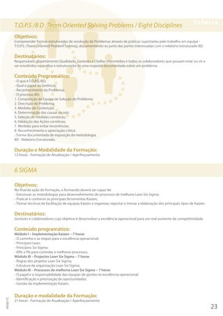 T.O.P.S /8 D :Team Oriented Solving Problems / Eight Disciplines
Objetivos:
Compreender formas estruturadas de resolução de Problemas através de práticas suportadas pelo trabalho em equipa -
T.O.P.S. (Team Oriented Problem Solvinq), documentando-as junto das partes interessadas com o relatório estruturado 8D.
Destinatários:
Responsáveis departamento Qualidade, Gestores e Chefias intermédias e todos os colaboradores que possam estar ou vir a
ser envolvidos na análise e estruturação de uma resposta documentada sobre um problema.
Conteúdo Programático:
- O que é T.O.P.S./8D;
- Qual o papel da Gerência;
- Reconhecimento do Problema;
- O processo 8D;
1. Composição da Equipa de Solução do Problema;
2. Descrição do Problema;
3. Medidas de Contenção;
4. Determinação das causas de raiz;
5. Seleção de medidas corretivas;
6. Validação das Ações corretivas;
7. Medidas para evitar recorrências;
8. Reconhecimento e apreciação crítica:
- Forma documentada de exposição da metodologia.
8D - Relatório Estruturado.
Duração e Modalidade da Formação:
12 horas - Formação de Atualização / Aperfeiçoamento.
6 SIGMA
Objetivos:
No final da ação de formação, o formando deverá ser capaz de:
- Estruturar as metodologias para desenvolvimento de processos de melhoria Lean Six Sigma;
- Praticar e conhecer as principais ferramentas Kaizen;
- Treinar técnicas de facilitação de equipas Kaizen e organizar, reportar e treinar a elaboração dos principais tipos de Kaizen.
Destinatários:
Gestores e colaboradores cujo objetivo é desenvolver a excelência operacional para um real aumento de competitividade.
Conteúdo programático:
Módulo I – Implementação Kaizen – 7 horas
- O caminho e as etapas para a excelência operacional;
- Princípios Lean;
- Princípios Six Sigma;
- KPIs e PIs para controlar e melhorar processos.
Módulo III – Projectos Lean Six Sigma – 7 horas
- Regras dos projetos Lean Six Sigma;
- Estrutura da organização Lean Six Sigma;
Módulo III – Processos de melhoria Lean Six Sigma – 7 horas
- O papel e a responsabilidade das equipas de gestão na excelência operacional;
- Identificação e priorização de oportunidades;
- Gestão da implementação Kaizen.
Duração e modalidade da Formação:
21 horas - Formação de Atualização / Aperfeiçoamento
23
PF001/C
 