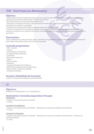 TPM - Total Productive Maintenance
Objetivos:
- Maximização da eficiência global das máquinas através da eliminação das falhas, defeitos, desperdícios e obstáculos à
produção, promovendo a produtividade e redução do Lead Time;
- Busca permanente de economias (proporcionar lucros);
- Participação e integração de todos os departamentos envolvidos num projeto de implementação TPM, tais como a
produção, a manutenção e a qualidade;
- Envolvimento e participação de todos, da direção de topo até aos operacionais;
- Promover conhecimentos no sentido da melhoria e desenvolvimento das competências dos operadores por forma a
tornarem-se autónomos em ações de manutenção, tornando-se capazes de algumas atividades de manutenção de forma
espontânea.
Destinatários:
Todos os elementos da cadeia operativa, desde o operador do equipamento, passando pelos elementos da manutenção e
pelas chefias intermédias, até aos níveis superiores de gestão.
Conteúdo programático:
- TPM - Conceito;
- Origens;
- Características e Envolventes;
- As grandes perdas produtivas;
- Os 8 Pilares;
- Manutenção Autónoma;
- Etapas;
- Planos de Ação;
- Auditorias;
- Processo de Resolução de Problemas;
- OEE- Eficiência Operacional do Equipamento;
- Kobetsu Kaizen - Melhoria Focalizada;
- Principios do Kobetsu.
Duração e Modalidade da Formação:
16 horas - Formação de Atualização / Aperfeiçoamento.
5S
Objectivos
Familiarizar os colaboradores com a metodologia 5S.
Destinatários/ Conteúdo programático/ Duração:
OPERÁRIOS:
- Limpeza e arrumação do posto de trabalho.
- 10 horas.
QUADROS INTERMÉDIOS:
- Limpeza e arrumação do posto de trabalho + elaboração de instruções de trabalho I procedimentos.
- 21 horas.
QUADROS SUPERIORES:
- Limpeza e arrumação do posto de trabalho + elaboração de instruções de trabalho I procedimentos + auditorias aos
standards definidos.
- 21 horas.
29
PF001/C
 