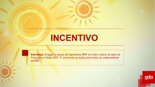 INCENTIVO
Estratégia: Engajar a equipe de repositores BRF em todo o plano de ação de
Frios para o Verão 2021. E comunicar as ações para todos os colaboradores
da BRF.
 