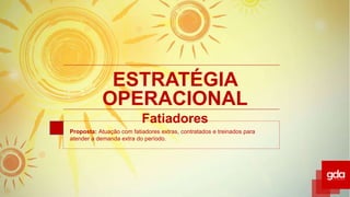 ESTRATÉGIA
OPERACIONAL
Fatiadores
Proposta: Atuação com fatiadores extras, contratados e treinados para
atender a demanda extra do período.
 