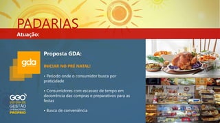 PADARIAS
Atuação:
INICIAR NO PRÉ NATAL!
• Período onde o consumidor busca por
praticidade
• Consumidores com escassez de tempo em
decorrência das compras e preparativos para as
festas
• Busca de conveniência
Proposta GDA:
 