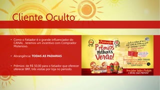 • Como o Fatiador é o grande influenciador do
CANAL , teremos um incentivo com Comprador
Misterioso.
• Abrangência: TODAS AS PADARIAS
• Prêmios: de R$ 50,00 para o fatiador que oferecer
oferecer BRF, três visitas por loja no período.
Cliente Oculto
 