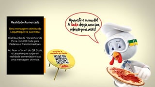 Realidade Aumentada
Uma mensagem otimista do
Lequetreque na sua mesa.
Distribuição de “mesinhas” de
Pizza com QR Code para
Padarias e Transformadores.
Ao fazer o “scan” do QR Code,
o Lequetreque surge em
realidade aumentada e traz
uma mensagem otimista.
 