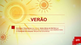 VERÃO
Estratégia: Onipresença das marcas. Ações táticas de Sell Out que
estejam de acordo com o momento dos consumidores, e que trabalhem todos
os momentos de consumo. Bloqueio de Concorrência.
 