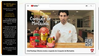 Do DIGITAL para o
SELL OUT!
Trabalhando as ocasiões
de consumo.
E criando uma
oportunidade de
combate regional!
1 - Chefs influenciadores
influenciadores regionais
farão posts com receitas
regionais.
2 – Durante a receita eles
apresentam um QR Code
na tela do vídeo, e
informa que ali tem um
desconto especial para a
compra de produtos
Perdigão que serão
usados na receita.
3 – O espectador faz o
“scan” e recebe um
voucher de desconto em
seu celular.
4 – Basta apresentar no
PDV, na hora de comprar
os frios.
 
