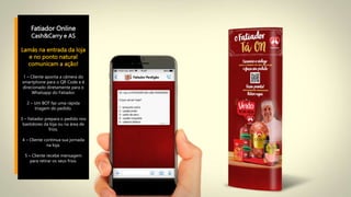 Fatiador Online
Cash&Carry e AS
Lamás na entrada da loja
e no ponto natural
comunicam a ação!
1 – Cliente aponta a câmera do
smartphone para o QR Code e é
direcionado diretamente para o
Whatsapp do Fatiador.
2 – Um BOT faz uma rápida
triagem do pedido.
3 – Fatiador prepara o pedido nos
bastidores da loja ou na área de
frios.
4 – Cliente continua sua jornada
na loja.
5 – Cliente recebe mensagem
para retirar os seus frios.
 