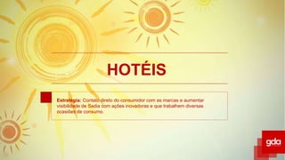HOTÉIS
Estratégia: Contato direto do consumidor com as marcas e aumentar
visibilidade de Sadia com ações inovadoras e que trabalhem diversas
ocasiões de consumo.
 