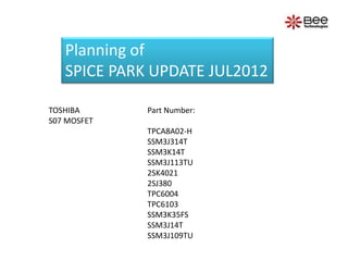 Planning of
   SPICE PARK UPDATE JUL2012

TOSHIBA      Part Number:
S07 MOSFET
             TPCA8A02-H
             SSM3J314T
             SSM3K14T
             SSM3J113TU
             2SK4021
             2SJ380
             TPC6004
             TPC6103
             SSM3K35FS
             SSM3J14T
             SSM3J109TU
 