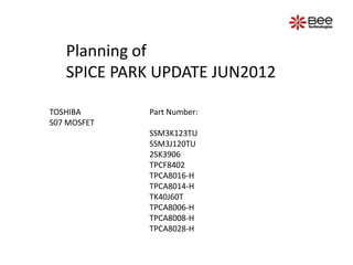 Planning of
   SPICE PARK UPDATE JUN2012

TOSHIBA      Part Number:
S07 MOSFET
             SSM3K123TU
             SSM3J120TU
             2SK3906
             TPCF8402
             TPCA8016-H
             TPCA8014-H
             TK40J60T
             TPCA8006-H
             TPCA8008-H
             TPCA8028-H
 