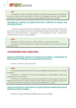 36
AÇÃO
Encaminharaosórgãosdeexecuçãocompetentesasdecisõesqueimpliquemnodesfazimento
dos atos de efeitos concretos praticados com base na lei impugnada, para que seja postulada a
recomposição de danos ao erário ou apurar responsabilidades das pessoas envolvidas.
PROGRAMA DE CONTROLE DE NORMAS RELATIVAS À ADMISSÃO DE PESSOAL SEM
CONCURSO PÚBLICO.
	 Consiste na adoção de providências destinadas a combater diversas formas de admissão de
pessoal sem concurso público, tais como a criação irregular de cargos comissionados, a contratação
abusiva por tempo determinado, a transposição e a transformação de cargos e outras formas
inconstitucionais de acesso ao serviço público.
AÇÕES
a) Estudar as situações recorrentes e oferer subsídios aos órgãos de execução e
b) Celebrar termos de ajustamento de conduta ou ajuizamento de ação nas situações em tese
inconstitucionais.
10 Estratégias para a Área Cível
OBJETIVO ESTRATÉGICO: REDUZIR AS FRAUDES NAS FALÊNCIAS, CONCORDATAS OU
RECUPERAÇÃO DE EMPRESAS E NA LIQUIDAÇÃO EXTRAJUDICIAL
Combater a fraude no meio empresarial.
Ações
a) Estimular a propositura de ações civis de responsabilidade de administradores e revocatória
da falência;
b) Estimular a aplicação da teoria da desconsideração da personalidade jurídica para
salvaguarda da economia social; e
c) Estimular o acompanhamento das ações de recuperação de empresa, para evitar que esse
importante instrumento de amparo da função social da empresa torne-se caminho para agentes de
má-fé lesem o patrimônio econômico, mormente dos trabalhadores e o erário.
OBJETIVO ESTRATÉGICO: INCENTIVAR A ATUAÇÃO DO ÓRGÃO DO MINISTÉRIO PÚBLICO
PERANTE AS VARAS DE FAMÍLIA
Incentivar a atuação do Ministério Público junto às varas da família.
 