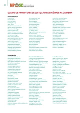 44
Entrância Especial
Ernani Dutra
Donaldo Reiner
Eroni José Salles
Sadi Brigido Jung
Saulo Torres
Ricardo Francisco da Silveira
Gercino Gerson Gomes Neto
Moacir José Dal Magro
Francisco Bissoli Filho
Newton Henrique Trennepohl
Heloísa Crescenti Abdalla Freire
Norival Acácio Engel
Fábio de Souza Trajano
Carlos Eduardo Abreu Sá Fortes
Luiz Eduardo Braunsperger
James Faraco Amorim
Ivens José Thives de Carvalho
Walkyria Ruicir Danielski
Paulo Roberto Luz Gottardi
Alexandre Herculano Abreu
Durval da Silva Amorim
Ernani Guetten de Almeida
Vânio Martins de Faria
Genivaldo da Silva
Américo Bigaton
Janir Luiz Della Giustina
Aor Steffens Miranda
Eliana Volcato Nunes
Sandro José Neis
Mário Luiz de Melo
Lio Marcos Marin
Rogério Antônio da Luz Bertoncini
Rui Arno Richter
Viviane D`Avila Winckler
Cristiane Rosália Maestri Böell
Luiz Ricardo Pereira Cavalcanti
Murilo Casemiro Mattos
Sidney Eloy Dalabrida
Fábio Strecker Schmitt
Neori Rafael Krahl
Monika Pabst
Sonia Maria Demeda Groisman Piardi
Marcílio de Novaes Costa
Jorge Orofino da Luz Fontes
Entrância Final
Aristeu Xenofontes Lenzi
Carlos Alberto Platt Nahas
Jorgelita Tonera Favaretto
Maria Regina Dexheimer Lakus Forlin
Marisa Fátima Lara Souza
Jádel da Silva Júnior
Marcelo Truppel Coutinho
Rosemary Machado Silva
Elizabete Mason Machado
Vera Lúcia Coro Bedinoto
Ruy Vladimir Soares de Sousa
José Eduardo Cardoso
Darci Blatt
Daniel Paladino
Márcia Aguiar Arend
Flávio Duarte de Souza
Leda Maria Hermann
Margaret Gayer Gubert Rotta
Raul de Araujo Santos Neto
Vera Lúcia Butzke
Cláudia Mara Nolli Melo
Debora Wanderley Medeiros Santos
Rosan da Rocha
Ângela Valença Bordini
Ricardo Luis Dell´Agnolo
Álvaro Luiz Martins Veiga
Ricardo Marcondes de Azevedo
Andréa da Silva Duarte
Miguel Luís Gnigler
Marcelo Wegner
Alexandre Reynaldo de Oliveira Graziotin
Andreas Eisele
Alexandre Schmitt dos Santos
Cristina Costa da Luz Bertoncini
Sérgio Ricardo Joesting
Leonardo Henrique Marques Lehmann
Isaac Newton Belota Sabbá Guimarães
Gustavo Mereles Ruiz Diaz
Fernando Linhares da Silva Júnior
Maristela Nascimento Indalencio
Thais Cristina Scheffer
Alexandre Daura Serratine
Maury Roberto Viviani
Alexandre Wiethorn Lemos
Eduardo Paladino
Júlio César Mafra
Felipe Martins de Azevedo
Francisco de Paula Fernandes Neto
Luis Eduardo Couto de Oliveira Souto
Luis Suzin Marini Júnior
Rogério Ponzi Seligman
Vânia Augusta Cella Piazza
Fabiano David Baldissarelli
Assis Marciel Kretzer
Joubert Odebrecht
Havah Emília Piccinini de Araújo Mainhardt
Andrey Cunha Amorim
Julio André Locatelli
Marcelo Brito de Araújo
Mário Vieira Júnior
Juliana Padrão Serra de Araújo
Rafael de Moraes Lima
Luiz Augusto Farias Nagel
Joel Rogério Furtado Júnior
Onofre José Carvalho Agostini
Eduardo Mendonça Lima
Carlos Alberto de Carvalho Rosa
Rogê Macedo Neves
Jayne Abdala Bandeira
Abel Antunes de Mello
Leonardo Felipe Cavalcanti Lucchese
Carlos Henrique Fernandes
Davi do Espírito Santo
César Augusto Grubba
Rui Carlos Kolb Schiefler
Henrique Limongi
Ary Capella Neto
Kátia Helena Scheidt Dal Pizzol
Hélio José Fiamoncini
André Fernandes Indalencio
Paulo Antonio Locatelli
Alex Sandro Teixeira da Cruz
Cid Luiz Ribeiro Schmitz
Protásio Campos Neto
Sandro Ricardo Souza
Helen Crystine Corrêa Sanches
Geovani Werner Tramontin
George André Franzoni Gil
Kátia Rosana Pretti Armange
Luciano Trierweiller Naschenweng
Rodrigo Millen Carlin
Rosangela Zanatta
Sandro de Araujo
Cristina Balceiro da Motta
Maria Luzia Beiler Girardi
Anelize Nascimento Martins Machado
Fabrício Nunes
Milani Maurilio Bento
Nazareno Bez Batti
Fabiano Henrique Garcia
Affonso Ghizzo Neto
Celso Antonio Ballista Junior
Jonnathan Augustus Kuhnen
Gustavo Viviani de Souza
Fabrício José Cavalcanti
Márcio Conti Junior
Aurélio Giacomelli da Silva
Ana Paula Cardoso Teixeira
Marcelo Mengarda
Alexandre Piazza
Marcelo Gomes Silva
Diana Spalding Lessa Garcia
Maria Amélia Borges Moreira
André Otávio Vieira de Mello
Wilson Paulo Mendonça Neto
QUADRO DE PROMOTORES DE JUSTIÇA POR ANTIGÜIDADE NA CARREIRA
 
