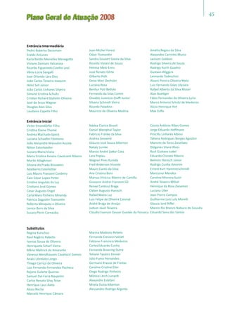 45
Plano Geral de Atuação 2008
Entrância Intermediária
Pedro Roberto Decomain
Eraldo Antunes
Karla Bardio Meirelles Menegotto
Viviane Damiani Valcanaia
Ricardo Figueiredo Coelho Leal
Vânia Lúcia Sangalli
José Orlando Lara Dias
João Carlos Teixeira Joaquim
Hélio Sell Júnior
João Carlos Linhares Silveira
Simone Cristina Schultz
Cristian Richard Stahelin Oliveira
José de Jesus Wagner
Douglas Alan Silva
Laudares Capella Filho
Jean Michel Forest
Odair Tramontin
Sandra Goulart Giesta da Silva
Ricardo Viviani de Souza
Heloisa Melo Enns
José Renato Côrte
Gilberto Polli
Deize Mari Oechsler
Luciana Rosa
Benhur Poti Betiolo
Fernando da Silva Comin
Osvaldo Juvencio Cioffi Junior
Silvana Schmidt Vieira
Ricardo Paladino
Mauricio de Oliveira Medina
Entrância Inicial
Victor Emendörfer Filho
Cristina Elaine Thomé
Andréa Machado Speck
Luciana Schaefer Filomeno
João Alexandre Massulini Acosta
Nilton Exterkoetter
Jussara Maria Viana
Maria Cristina Pereira Cavalcanti Ribeiro
Murilo Adaghinari
Silvana do Prado Brouwers
Adalberto Exterkötter
Luiz Mauro Franzoni Cordeiro
Caio César Lopes Peiter
Cristine Angulski da Luz
Cristiano José Gomes
Cesar Augusto Engel
Carla Mara Pinheiro Miranda
Patricia Dagostin Tramontin
Roberta Mesquita e Oliveira
Lenice Born da Silva
Susana Perin Carnaúba
Nádea Clarice Bissoli
Daniel Westphal Taylor
Fabrício Franke da Silva
Andrea Gevaerd
Gláucio José Souza Alberton
Nataly Lemke
Marcio André Zattar Cota
Lara Peplau
Wagner Pires Kuroda
Fred Anderson Vicente
Mauro Canto da Silva
Ana Cristina Boni
Marcus Vinícius Ribeiro de Camillo
Giovanni Andrei Franzoni Gil
Renee Cardoso Braga
Cléber Augusto Hanisch
Rafael Meira Luz
Luis Felipe de Oliveira Czesnat
André Braga de Araújo
Jadson Javel Teixeira
Cláudio Everson Gesser Guedes da Fonseca
Amélia Regina da Silva
Alexandre Carrinho Muniz
Jackson Goldoni
Rodrigo Silveira de Souza
Rodrigo Kurth Quadro
Gustavo Wiggers
Leonardo Todeschini
Alvaro Pereira Oliveira Melo
Luiz Fernando Góes Ulysséa
Rafael Alberto da Silva Moser
Alan Boettger
Fábio Fernandes de Oliveira Lyrio
Marco Antonio Schütz de Medeiros
Alicio Henrique Hirt
Max Zuffo
Cássio Antônio Ribas Gomes
Jorge Eduardo Hoffmann
Priscilla Linhares Albino
Tatiana Rodrigues Borges Agostini
Marcelo de Tarso Zanellato
Diógenes Viana Alves
Raul Gustavo Juttel
Eduardo Chinato Ribeiro
Belmiro Hanisch Júnior
Rodrigo Cunha Amorim
Ernest Kurt Hammerschmidt
Marcionei Mendes
Caroline Moreira Suzin
André Teixeira Milioli
Henrique da Rosa Ziesemer
Luciana Uller
Jean Pierre Campos
Guilherme Luis Lutz Morelli
Glauco José Riffel
Marcio Rio Branco Nabuco de Gouvêa
Eduardo Sens dos Santos
Substitutos
Regina Kurschus
Raul Rogério Rabello
Ivanize Souza de Oliveira
Henriqueta Scharf Vieira
Mário Waltrick do Amarante
Vanessa Wendhausen Cavallazzi Gomes
Analú Librelato Longo
Thiago Carriço de Oliveira
Luiz Fernando Fernandes Pacheco
Rejane Gularte Queiroz
Samuel Dal-Farra Naspolini
Carlos Renato Silvy Teive
Henrique Laus Aieta
Alceu Rocha
Marcelo Henrique Câmara
Marina Modesto Rebelo
Fernanda Crevanzi Vailati
Fabiano Francisco Medeiros
Carlos Eduardo Cunha
Fernanda Broering Dutra
Tehane Tavares Fenner
Júlio Fumo Fernandes
Germano Krause de Freitas
Caroline Cristine Eller
Diego Rodrigo Pinheiro
Mônica Lerch Lunardi
Alexandre Estefani
Mirela Dutra Alberton
Alessandro Rodrigo Argenta
 