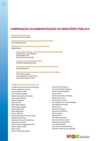 Estado de Santa Catarina
MINISTÉRIO PÚBLICO
26
Presidente: Gercino Gerson Gomes Neto
Anselmo Agostinho da Silva
Paulo Antônio Günther
Luiz Fernando Sirydakis
Demétrio Constantino Serratine
José Galvani Alberton
Robison Westphal
Odil José Cota
Paulo Roberto Speck
Jobél Braga de Araújo
Raul Schaefer Filho
Pedro Sérgio Steil
Vilmar José Loef
José Eduardo Orofino da Luz Fontes
Raulino Jacó Brüning
Humberto Francisco Scharf Vieira
Sérgio Antônio Rizelo
João Fernando Quagliarelli Borrelli
Hercília Regina Lemke
Mário Gemin
Gilberto Callado de Oliveira
Antenor Chinato Ribeiro
Narcísio Geraldino Rodrigues
Nelson Fernando Mendes
Jacson Corrêa
Anselmo Jeronimo de Oliveira
Basílio Elias De Caro
Aurino Alves de Souza
Paulo Roberto de Carvalho Roberge
Tycho Brahe Fernandes
Guido Feuser
Plínio Cesar Moreira
Francisco José Fabiano
André Carvalho
Gladys Afonso
Paulo Ricardo da Silva
Vera Lúcia Ferreira Copetti
Sidney Bandarra Barreiros
Lenir Roslindo Piffer
Paulo Cézar Ramos de Oliveira
Secretário: Paulo de Tarso Brandão
Procurador-Geral de Justiça
Gercino Gerson Gomes Neto
Subprocurador-Geral de Justiça para Assuntos Administrativos
Paulo Antônio Günther
Subprocuradora-Geral de Justiça para Assuntos Jurídicos
Gladys Afonso
	 Grupo Especial de Apoio ao Gabinete do Procurador-Geral de Justiça
	 Gladys Afonso - Coordenadora
	 Raul Schaefer Filho
	 Vera Lúcia Ferreira Copetti
	 Secretária-Geral do Ministério Público
	 Cristiane Rosália Maestri Böell
	 Procurador de Justiça Assessor do Procurador-Geral de Justiça
	 Raul Schaefer Filho
	 Promotores de Justiça Assessores do Procurador-Geral de Justiça
	 Eliana Volcato Nunes
	 Carlos Alberto de Carvalho Rosa
	 Alex Sandro Teixeira da Cruz
COMPOSIÇÃO DA Administração DO MINISTÉRIO PÚBLICO
Colégio de Procuradores de Justiça - CPJ
 