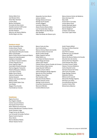 Plano Geral de Atuação 2009/10
31
Heloisa Melo Enns
José Renato Côrte
Deize Mari Oechsler
Luciana Rosa
Benhur Poti Betiolo
Fernando da Silva Comin
Osvaldo Juvencio Cioffi Junior
Silvana Schmidt Vieira
Ricardo Paladino
Mauricio de Oliveira Medina
Amélia Regina da Silva
Alexandre Carrinho Muniz
Jackson Goldoni
Rodrigo Silveira de Souza
Rodrigo Kurth Quadro
Gustavo Wiggers
Leonardo Todeschini
Alvaro Pereira Oliveira Melo
Luiz Fernando Góes Ulysséa
Rafael Alberto da Silva Moser
Alan Boettger
Fábio Fernandes de Oliveira Lyrio
Entrância Inicial
Victor Emendörfer Filho
Cristina Elaine Thomé
Luciana Schaefer Filomeno
João Alexandre Massulini Acosta
Nilton Exterkoetter
Maria Cristina Pereira Cavalcanti Ribeiro
Silvana do Prado Brouwers
Adalberto Exterkötter
Luiz Mauro Franzoni Cordeiro
Cristine Angulski da Luz
Cesar Augusto Engel
Carla Mara Pinheiro Miranda
Patricia Dagostin Tramontin
Roberta Mesquita e Oliveira
Lenice Born da Silva
Nádea Clarice Bissoli
Fabrício Franke da Silva
Andrea Gevaerd
Gláucio José Souza Alberton
Nataly Lemke
Marcio André Zattar Cota
Lara Peplau
Wagner Pires Kuroda
Fred Anderson Vicente
Mauro Canto da Silva
Ana Cristina Boni
Marcus Vinícius Ribeiro de Camillo
Giovanni Andrei Franzoni Gil
Renee Cardoso Braga
Cléber Augusto Hanisch
Rafael Meira Luz
Luis Felipe de Oliveira Czesnat
André Braga de Araújo
Jadson Javel Teixeira
Cláudio Everson Gesser Guedes da Fonseca
Cássio Antônio Ribas Gomes
Jorge Eduardo Hoffmann
Priscilla Linhares Albino
Tatiana Rodrigues Borges Agostini
Marcelo de Tarso Zanellato
Diógenes Viana Alves
Raul Gustavo Juttel
Eduardo Chinato Ribeiro
Belmiro Hanisch Júnior
Rodrigo Cunha Amorim
Ernest Kurt Hammerschmidt
Marcionei Mendes
Caroline Moreira Suzin
Marco Antonio Schütz de Medeiros
Alicio Henrique Hirt
Max Zuffo
Susana Perin Carnaúba
Jussara Maria Viana
Andréa Machado Speck
Daniel Westphal Taylor
Murilo Adaghinari
Cristiano José Gomes
Caio César Lopes Peiter
André Teixeira Milioli
Henrique da Rosa Ziesemer
Luciana Uller
Jean Pierre Campos
Guilherme Luis Lutz Morelli
Glauco José Riffel
Marcio Rio Branco Nabuco de Gouvêa
Eduardo Sens dos Santos
Samuel Dal-Farra Naspolini
Carlos Renato Silvy Teive
Fernanda Crevanzi Vailati
Fabiano Francisco Medeiros
Carlos Eduardo Cunha
Germano Krause de Freitas
Júlio Fumo Fernandes
Diego Rodrigo Pinheiro
Alexandre Estefani
Mônica Lerch Lunardi
Alessandro Rodrigo Argenta
Henrique Laus Aieta
Fernanda Broering Dutra
Caroline Cristine Eller
Mirela Dutra Alberton
Substitutos
Regina Kurschus
Raul Rogério Rabello
Ivanize Souza de Oliveira
Henriqueta Scharf Vieira
Mário Waltrick do Amarante
Vanessa Wendhausen Cavallazzi Gomes
Analú Librelato Longo
Thiago Carriço de Oliveira
Luiz Fernando Fernandes Pacheco
Rejane Gularte Queiroz
Alceu Rocha
Marina Modesto Rebelo
Tehane Tavares Fenner
Promotores de Justiça em 10/03/2009
 