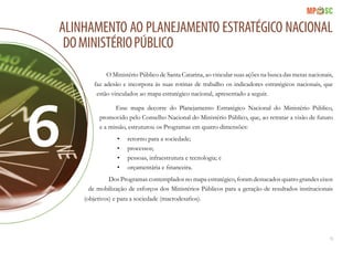 15
Alinhamento ao planejamento estratégico nacional
doMinistérioPúblico
O Ministério Público de Santa Catarina, ao vincular suas ações na busca das metas nacionais,
faz adesão e incorpora às suas rotinas de trabalho os indicadores estratégicos nacionais, que
estão vinculados ao mapa estratégico nacional, apresentado a seguir.
Esse mapa decorre do Planejamento Estratégico Nacional do Ministério Público,
promovido pelo Conselho Nacional do Ministério Público, que, ao retratar a visão de futuro
e a missão, estruturou os Programas em quatro dimensões:
•	 retorno para a sociedade;
•	 processos;
•	 pessoas, infraestrutura e tecnologia; e
•	 orçamentária e financeira.
Dos Programas contemplados no mapa estratégico, foram destacados quatro grandes eixos
de mobilização de esforços dos Ministérios Públicos para a geração de resultados institucionais
(objetivos) e para a sociedade (macrodesafios).
 