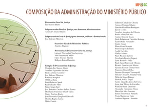 85
ComposiçãodaAdministraçãodoMinistérioPúblico
Procurador-Geral de Justiça
Lio Marcos Marin
Subprocurador-Geral de Justiça para Assuntos Administrativos
Antenor Chinato Ribeiro
Subprocurador-Geral de Justiça para Assuntos Jurídicos e Institucionais
José Galvani Alberton
	 Secretário-Geral do Ministério Público
	 Américo Bigaton
	 Assessoria do Procurador-Geral de Justiça
	 Luciano Trierweiller Naschenweng
	 Abel Antunes de Mello
	 Fábio Strecker Schmitt
	 Walkyria Ruicir Danielski
Colégio de Procuradores de Justiça
Presidente: Lio Marcos Marin
Anselmo Agostinho da Silva
Paulo Antônio Günther
José Galvani Alberton
Robison Westphal
Odil José Cota
Paulo Roberto Speck
Raul Schaefer Filho
Pedro Sérgio Steil
José Eduardo Orofino da Luz Fontes
Humberto Francisco Scharf Vieira
Sérgio Antônio Rizelo
João Fernando Quagliarelli Borrelli
Hercília Regina Lemke
Mário Gemin
Gilberto Callado de Oliveira
Antenor Chinato Ribeiro
Narcísio Geraldino Rodrigues
Jacson Corrêa
Anselmo Jeronimo de Oliveira
Basílio Elias De Caro
Aurino Alves de Souza
Paulo Roberto de Carvalho Roberge
Tycho Brahe Fernandes
Guido Feuser
Plínio Cesar Moreira
Francisco Jose Fabiano
André Carvalho
Gladys Afonso
Paulo Ricardo da Silva
Vera Lúcia Ferreira Copetti
Lenir Roslindo Piffer
Paulo Cezar Ramos de Oliveira
Ricardo Francisco da Silveira
Gercino Gerson Gomes Neto
Francisco Bissoli Filho
Newton Henrique Trennepohl
Heloísa Crescenti Abdalla Freire
Fábio de Souza Trajano
Norival Acácio Engel
Carlos Eduardo Abreu Sá Fortes
Ivens José Thives de Carvalho
Walkyria Ruicir Danielski
Alexandre Herculano Abreu
Durval da Silva Amorim
Ernani Guetten de Almeida
Vânio Martins de Faria
Américo Bigaton - Secretário
 