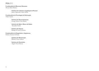 88
pga 2012
Coordenadoria de Recursos Humanos
Silvana Maria Pacheco
	 Gerência de Cadastro e Legislação de Pessoal
	 Janete Aparecida Coelho Probst
Coordenadoria de Tecnologia da Informação
Oldair Zanchi
	 Gerência de Desenvolvimento
	 Giorgio Santos Costa Merize
	 Gerência de Rede e Banco de Dados
	 Alexandre Tatsch
	 Gerência de Suporte
	 Rodrigo de Souza Zeferino	
Coordenadoria de Engenharia e Arquitetura
Fabrício Kremer de Souza
	
	 Gerência de Manutenção
	 Rômulo César Carlesso
	 Gerência de Patrimônio
	 Ângelo Vitor Oliveira
 
