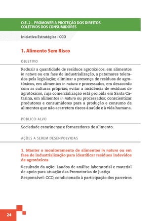 24
O.E. 2 – PROMOVER A PROTEÇÃO DOS DIREITOS
COLETIVOS DOS CONSUMIDORES
Iniciativa Estratégica - CCO
1. Alimento Sem Risco
Objetivo
Reduzir a quantidade de resíduos agrotóxicos, em alimentos
in natura ou em fase de industrialização, a patamares tolera-
dos pela legislação; eliminar a presença de resíduos de agro-
tóxicos, em alimentos in natura e processados, em desacordo
com as culturas próprias; evitar a incidência de resíduos de
agrotóxicos, cuja comercialização está proibida em Santa Ca-
tarina, em alimentos in natura ou processados; conscientizar
produtores e consumidores para a produção e consumo de
alimentos que não acarretem riscos à saúde e à vida humana.
Público-alvo
Sociedade catarinense e fornecedores de alimento.
Ações a serem desenvolvidas
1.  Manter o monitoramento de alimentos in natura ou em
fase de industrialização para identificar resíduos indevidos
de agrotóxicos
Resultado da ação: Laudos de análise laboratorial e material
de apoio para atuação das Promotorias de Justiça
Responsável: CCO, condicionado à participação dos parceiros
 