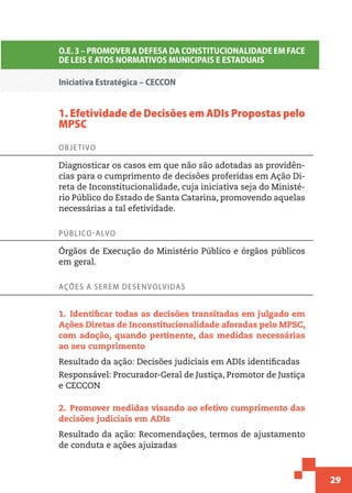 29
O.E. 3 – PROMOVER A DEFESA DA CONSTITUCIONALIDADE EM FACE
DE LEIS E ATOS NORMATIVOS MUNICIPAIS E ESTADUAIS
Iniciativa Estratégica – CECCON
1. Efetividade de Decisões em ADIs Propostas pelo
MPSC
Objetivo
Diagnosticar os casos em que não são adotadas as providên-
cias para o cumprimento de decisões proferidas em Ação Di-
reta de Inconstitucionalidade, cuja iniciativa seja do Ministé-
rio Público do Estado de Santa Catarina, promovendo aquelas
necessárias a tal efetividade.
Público-alvo
Órgãos de Execução do Ministério Público e órgãos públicos
em geral.
Ações a serem desenvolvidas
1.  Identificar todas as decisões transitadas em julgado em
Ações Diretas de Inconstitucionalidade aforadas pelo MPSC,
com adoção, quando pertinente, das medidas necessárias
ao seu cumprimento
Resultado da ação: Decisões judiciais em ADIs identificadas
Responsável: Procurador-Geral de Justiça, Promotor de Justiça
e CECCON
2.  Promover medidas visando ao efetivo cumprimento das
decisões judiciais em ADIs
Resultado da ação: Recomendações, termos de ajustamento
de conduta e ações ajuizadas
 