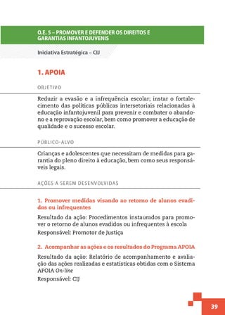 39
O.E. 5 – PROMOVER E DEFENDER OS DIREITOS E
GARANTIAS INFANTOJUVENIS
Iniciativa Estratégica – CIJ
1. APOIA
Objetivo
Reduzir a evasão e a infrequência escolar; instar o fortale-
cimento das políticas públicas intersetoriais relacionadas à
educação infantojuvenil para prevenir e combater o abando-
no e a reprovação escolar, bem como promover a educação de
qualidade e o sucesso escolar.
Público-alvo
Crianças e adolescentes que necessitam de medidas para ga-
rantia do pleno direito à educação, bem como seus responsá-
veis legais.
Ações a serem desenvolvidas
1.  Promover medidas visando ao retorno de alunos evadi-
dos ou infrequentes
Resultado da ação: Procedimentos instaurados para promo-
ver o retorno de alunos evadidos ou infrequentes à escola
Responsável: Promotor de Justiça
2.  Acompanhar as ações e os resultados do Programa APOIA
Resultado da ação: Relatório de acompanhamento e avalia-
ção das ações realizadas e estatísticas obtidas com o Sistema
APOIA On-line
Responsável: CIJ
 