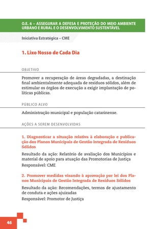 46
O.E. 6 – ASSEGURAR A DEFESA E PROTEÇÃO DO MEIO AMBIENTE
URBANO E RURAL E O DESENVOLVIMENTO SUSTENTÁVEL
Iniciativa Estratégica – CME
1. Lixo Nosso de Cada Dia
Objetivo
Promover a recuperação de áreas degradadas, a destinação
final ambientalmente adequada de resíduos sólidos, além de
estimular os órgãos de execução a exigir implantação de po-
líticas públicas.
Público alvo
Administração municipal e população catarinense.
Ações a serem desenvolvidas
1.  Diagnosticar a situação relativa à elaboração e publica-
ção dos Planos Municipais de Gestão Integrada de Resíduos
Sólidos
Resultado da ação: Relatório de avaliação dos Municípios e
material de apoio para atuação das Promotorias de Justiça
Responsável: CME
2.  Promover medidas visando à aprovação por lei dos Pla-
nos Municipais de Gestão Integrada de Resíduos Sólidos
Resultado da ação: Recomendações, termos de ajustamento
de conduta e ações ajuizadas
Responsável: Promotor de Justiça
 