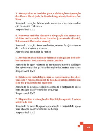 47
3.  Acompanhar as medidas para a elaboração e aprovação
dos Planos Municipais de Gestão Integrada de Resíduos Só-
lidos
Resultado da ação: Relatório de acompanhamento e avalia-
ção das ações realizadas
Responsável: CME
4.  Promover medidas visando à adequação dos aterros sa-
nitários no Estado de Santa Catarina (controle da vida útil,
licitude e eficiência dos aterros)
Resultado da ação: Recomendações, termos de ajustamento
de conduta e ações ajuizadas
Responsável: Promotor de Justiça
5.  Acompanhar as medidas voltadas à adequação dos ater-
ros sanitários no Estado de Santa Catarina
Resultado da ação: Relatório de acompanhamento e avaliação
das ações realizadas para a adequação dos aterros sanitários
Responsável: CME
6.  Estabelecer metodologia para o cumprimento das dire-
trizes da P Política Nacional de Resíduos Sólidos (PNRS) em
face das peculiaridades regionais
Resultado da ação: Metodologia definida e material de apoio
para atuação das Promotorias de Justiça
Responsável: CME
7.  Diagnosticar a situação dos Municípios quanto à coleta
seletiva de lixo
Resultado da ação: Diagnóstico realizado e material de apoio
para atuação das Promotorias de Justiça
Responsável: CME
 