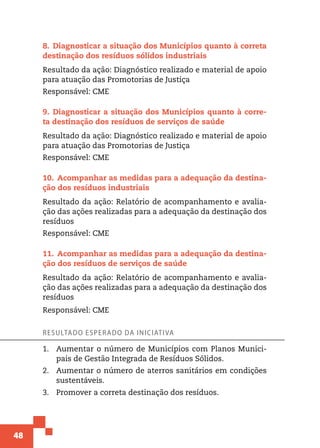 48
8.  Diagnosticar a situação dos Municípios quanto à correta
destinação dos resíduos sólidos industriais
Resultado da ação: Diagnóstico realizado e material de apoio
para atuação das Promotorias de Justiça
Responsável: CME
9.  Diagnosticar a situação dos Municípios quanto à corre-
ta destinação dos resíduos de serviços de saúde
Resultado da ação: Diagnóstico realizado e material de apoio
para atuação das Promotorias de Justiça
Responsável: CME
10.  Acompanhar as medidas para a adequação da destina-
ção dos resíduos industriais
Resultado da ação: Relatório de acompanhamento e avalia-
ção das ações realizadas para a adequação da destinação dos
resíduos
Responsável: CME
11.  Acompanhar as medidas para a adequação da destina-
ção dos resíduos de serviços de saúde
Resultado da ação: Relatório de acompanhamento e avalia-
ção das ações realizadas para a adequação da destinação dos
resíduos
Responsável: CME
Resultado esperado da iniciativa
1.	 Aumentar o número de Municípios com Planos Munici-
pais de Gestão Integrada de Resíduos Sólidos.
2.	 Aumentar o número de aterros sanitários em condições
sustentáveis.
3.	 Promover a correta destinação dos resíduos.
 