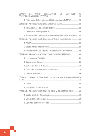 6
CENTRO DE APOIO OPERACIONAL DO CONTROLE DE
CONSTITUCIONALIDADE (CECCON)................................................................. 28
1. Efetividade de Decisões em ADIs Propostas pelo MPSC................. 29
CENTRO DE APOIO OPERACIONAL CRIMINAL (CCR).................................... 31
1. Reestruturação do Controle Externo................................................. 32
2. Controle da Execução Penal................................................................ 33
3. Prioridade na Análise dos Inquéritos Policiais sobre Homicídio... 36
CENTRO DE APOIO OPERACIONAL DA INFÂNCIA E JUVENTUDE (CIJ)....... 38
1. APOIA...................................................................................................... 39
2. Saúde Mental Infantojuvenil.............................................................. 41
3. Fortalecimento do Sistema Socioeducativo Catarinense............... 43
CENTRO DE APOIO OPERACIONAL DO MEIO AMBIENTE (CME)................. 45
1. Lixo Nosso de Cada Dia........................................................................ 46
2. Saneamento Básico.............................................................................. 49
3. Defesa da Flora e da Fauna................................................................. 51
4. Defesa do Patrimônio Histórico-Cultural ......................................... 53
5. Ordem Urbanística ............................................................................... 54
CENTRO DE APOIO OPERACIONAL DA MORALIDADE ADMINISTRATIVA
(CMA)..................................................................................................................... 56
1. LIMPE...................................................................................................... 57
2. Transparência e Cidadania.................................................................. 58
CENTRO DE APOIO OPERACIONAL DA ORDEM TRIBUTÁRIA (COT)............ 61
1. Saúde Fiscal dos Municípios............................................................... 62
2. União contra a Sonegação.................................................................. 64
3. Combate à Sonegação Fiscal.............................................................. 65
 