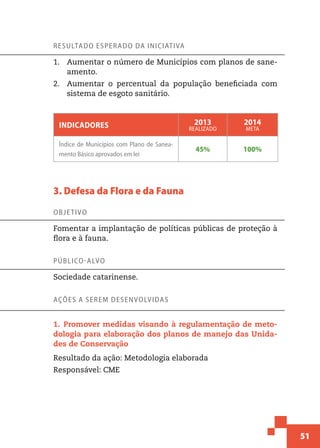 51
Resultado esperado da iniciativa
1.	 Aumentar o número de Municípios com planos de sane-
amento.
2.	 Aumentar o percentual da população beneficiada com
sistema de esgoto sanitário.
Indicadores 2013
realizado
2014
meta
Índice de Municípios com Plano de Sanea-
mento Básico aprovados em lei
45% 100%
3. Defesa da Flora e da Fauna
Objetivo
Fomentar a implantação de políticas públicas de proteção à
flora e à fauna.
Público-alvo
Sociedade catarinense.
Ações a serem desenvolvidas
1.  Promover medidas visando à regulamentação de meto-
dologia para elaboração dos planos de manejo das Unida-
des de Conservação
Resultado da ação: Metodologia elaborada
Responsável: CME
 