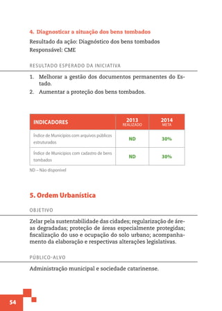 54
4.  Diagnosticar a situação dos bens tombados
Resultado da ação: Diagnóstico dos bens tombados
Responsável: CME
Resultado esperado da iniciativa
1.	 Melhorar a gestão dos documentos permanentes do Es-
tado.
2.	 Aumentar a proteção dos bens tombados.
Indicadores 2013
realizado
2014
meta
Índice de Municípios com arquivos públicos
estruturados
ND 30%
Índice de Municípios com cadastro de bens
tombados
ND 30%
ND – Não disponível
5. Ordem Urbanística
Objetivo
Zelar pela sustentabilidade das cidades; regularização de áre-
as degradadas; proteção de áreas especialmente protegidas;
fiscalização do uso e ocupação do solo urbano; acompanha-
mento da elaboração e respectivas alterações legislativas.
Público-alvo
Administração municipal e sociedade catarinense.
 