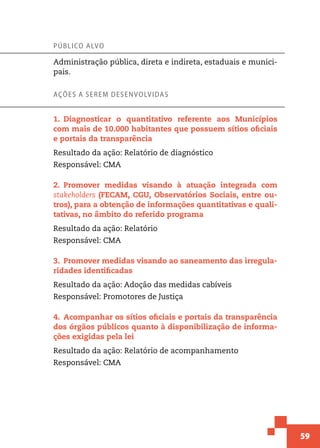 59
Público alvo
Administração pública, direta e indireta, estaduais e munici-
pais.
Ações a serem desenvolvidas
1.  Diagnosticar o quantitativo referente aos Municípios
com mais de 10.000 habitantes que possuem sítios oficiais
e portais da transparência
Resultado da ação: Relatório de diagnóstico
Responsável: CMA
2.  Promover medidas visando à atuação integrada com
stakeholders (FECAM, CGU, Observatórios Sociais, entre ou-
tros), para a obtenção de informações quantitativas e quali-
tativas, no âmbito do referido programa
Resultado da ação: Relatório
Responsável: CMA
3.  Promover medidas visando ao saneamento das irregula-
ridades identificadas
Resultado da ação: Adoção das medidas cabíveis
Responsável: Promotores de Justiça
4.  Acompanhar os sítios oficiais e portais da transparência
dos órgãos públicos quanto à disponibilização de informa-
ções exigidas pela lei
Resultado da ação: Relatório de acompanhamento
Responsável: CMA
 