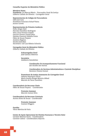 68
Conselho Superior do Ministério Público
	
Membros Natos
Presidente: Lio Marcos Marin - Procurador-Geral de Justiça
Gilberto Callado de Oliveira - Corregedor-Geral
Representantes do Colégio de Procuradores
Odil José Cota
Humberto Francisco Scharf Vieira
Jacson Corrêa
	
Representantes da Primeira Instância
Pedro Sérgio Steil
Narcísio Geraldino Rodrigues
Vera Lúcia Ferreira Copetti
Gercino Gerson Gomes Neto
Heloísa Crescenti Abdalla Freire
Fábio de Souza Trajano
Américo Bigaton
Sandro José Neis
Secretário: Cid Luiz Ribeiro Schmitz
Corregedor-Geral do Ministério Público
Gilberto Callado de Oliveira
	 Subcorregedor-Geral
	 José Galvani Alberton
	 Secretário
	 Adalberto Exterkötter
		Coordenador de Acompanhamento Funcional
		 Jair Alcides dos Santos
		
		Coordenadora de Serviços Administrativos e Controle Disciplinar
		 Berenice Chaves Gomes
	 Promotores de Justiça Assessores do Corregedor-Geral
	 Fabiano Henrique Garcia
	 Maria Amélia Borges Moreira Abbad
	 Marcelo de Tarso Zanellato
Coordenadoria de Recursos Cíveis
Fábio de Souza Trajano - Coordenador
	 Promotor Assessor
	 Marcelo Gomes Silva
Coordenadoria de Recursos Criminais
Aurino Alves de Souza - Coordenador
	
	 Promotor Assessor
	 Gustavo Wiggers
Ouvidor
Vânio Martins de Faria
Centro de Apoio Operacional de Direitos Humanos e Terceiro Setor
Caroline Moreira Suzin - Coordenadora
Caroline Cabral – Coordenadora Adjunta
 
