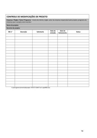 CONTROLE DE MODIFICAÇÕES DE PROJETO
Empresa / Órgão / Setor/ Programa: <nome do cliente; órgão, setor da empresa responsável pelo projeto; programa da
empresa que o projeto está inserido>
Nome do projeto:
Gerente do projeto:
ME n° Descrição Solicitante
Data da
emissão
Data do
fechamento
Status
© planogerenciamentodeprojeto-150727133947-lva1-app6892.doc
14
 