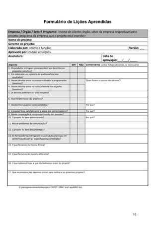 Formulário de Lições Aprendidas
Empresa / Órgão / Setor/ Programa: <nome do cliente; órgão, setor da empresa responsável pelo
projeto; programa da empresa que o projeto está inserido>
Nome do projeto:
Gerente do projeto:
Elaborado por: <nome e função> Versão: _._
Aprovado por: <nome e função>
Assinatura: Data de
aprovação:___/___/_____
Aspecto Sim Não Comentários (utilize folhas adicionais, se necessário)
1. Os produtos entregues correspondem aos descritos na
proposta executiva?
2. Foi elaborado um relatório de auditoria final dos
resultados?
3. Houve desvios entre os prazos realizados e programados
(baseline)?
Quais foram as causas dos desvios?
4. Houve desvios entre os custos efetivos e os orçados
(baseline)?
5. Os desvios poderiam ter sido evitados?
6. Ocorreram riscos não previstos?
7. Os clientes/usuários estão satisfeitos? Por quê?
8. A equipe ficou satisfeita com o apoio dos patrocinadores? Por quê?
9. Houve cooperação e comprometimento das pessoas?
10. O projeto foi bem administrado? Por quê?
11. Houve problemas de comunicação?
12. O projeto foi bem documentado?
13. Os fornecedores entregaram seus produtos/serviços em
conformidade com as especificações combinadas?
14. O que faríamos da mesma forma?
15. O que faríamos de maneira diferente?
16. O que sabemos hoje, e que não sabíamos antes do projeto?
17. Que recomendações devemos incluir para melhorar os próximos projetos?
© planogerenciamentodeprojeto-150727133947-lva1-app6892.doc
16
 