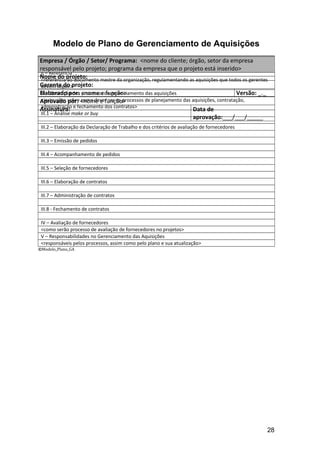 Modelo de Plano de Gerenciamento de Aquisições
I – Introdução
<breve introdução sobre a finalidade do plano e de sua importância para o gerenciamento do projeto>
II – Referência
<referência ao documento mestre da organização, regulamentando as aquisições que todos os gerentes
devem seguir>
III – Descrição dos processos de gerenciamento das aquisições
<instruções sobre como dever ser os processos de planejamento das aquisições, contratação,
administração e fechamento dos contratos>
III.1 – Análise make or buy
III.2 – Elaboração da Declaração de Trabalho e dos critérios de avaliação de fornecedores
III.3 – Emissão de pedidos
III.4 – Acompanhamento de pedidos
III.5 – Seleção de fornecedores
III.6 – Elaboração de contratos
III.7 – Administração de contratos
III.8 - Fechamento de contratos
IV – Avaliação de fornecedores
<como serão processo de avaliação de fornecedores no projetos>
V – Responsabilidades no Gerenciamento das Aquisições
<responsáveis pelos processos, assim como pelo plano e sua atualização>
©Modelo_Plano_GA
Empresa / Órgão / Setor/ Programa: <nome do cliente; órgão, setor da empresa
responsável pelo projeto; programa da empresa que o projeto está inserido>
Nome do projeto:
Gerente do projeto:
Elaborado por: <nome e função> Versão: _._
Aprovado por: <nome e função>
Assinatura: Data de
aprovação:___/___/_____
28
 