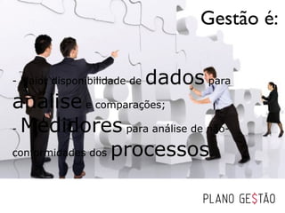 Gestão é:

- Maior disponibilidade de   dados para
análise e comparações;
- Medidores para análise de não-

conformidades dos processos.
 