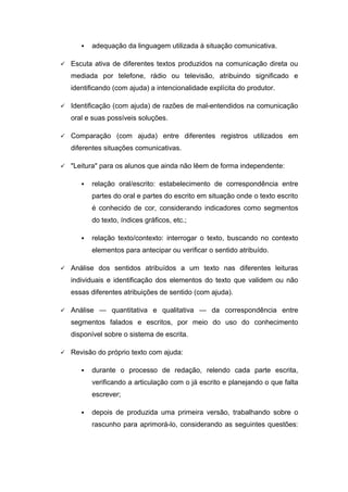  adequação da linguagem utilizada à situação comunicativa.
 Escuta ativa de diferentes textos produzidos na comunicação direta ou
mediada por telefone, rádio ou televisão, atribuindo significado e
identificando (com ajuda) a intencionalidade explícita do produtor.
 Identificação (com ajuda) de razões de mal-entendidos na comunicação
oral e suas possíveis soluções.
 Comparação (com ajuda) entre diferentes registros utilizados em
diferentes situações comunicativas.
 "Leitura" para os alunos que ainda não lêem de forma independente:
 relação oral/escrito: estabelecimento de correspondência entre
partes do oral e partes do escrito em situação onde o texto escrito
é conhecido de cor, considerando indicadores como segmentos
do texto, índices gráficos, etc.;
 relação texto/contexto: interrogar o texto, buscando no contexto
elementos para antecipar ou verificar o sentido atribuído.
 Análise dos sentidos atribuídos a um texto nas diferentes leituras
individuais e identificação dos elementos do texto que validem ou não
essas diferentes atribuições de sentido (com ajuda).
 Análise — quantitativa e qualitativa — da correspondência entre
segmentos falados e escritos, por meio do uso do conhecimento
disponível sobre o sistema de escrita.
 Revisão do próprio texto com ajuda:
 durante o processo de redação, relendo cada parte escrita,
verificando a articulação com o já escrito e planejando o que falta
escrever;
 depois de produzida uma primeira versão, trabalhando sobre o
rascunho para aprimorá-lo, considerando as seguintes questões:
 