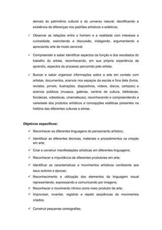 demais do patrimônio cultural e do universo natural, identificando a
existência de diferenças nos padrões artísticos e estéticos;
 Observar as relações entre o homem e a realidade com interesse e
curiosidade, exercitando a discussão, indagando, argumentando e
apreciando arte de modo sensível;
 Compreender e saber identificar aspectos da função e dos resultados do
trabalho do artista, reconhecendo, em sua própria experiência de
aprendiz, aspectos do processo percorrido pelo artista;
 Buscar e saber organizar informações sobre a arte em contato com
artistas, documentos, acervos nos espaços da escola e fora dela (livros,
revistas, jornais, ilustrações, diapositivos, vídeos, discos, cartazes) e
acervos públicos (museus, galerias, centros de cultura, bibliotecas,
fonotecas, videotecas, cinematecas), reconhecendo e compreendendo a
variedade dos produtos artísticos e concepções estéticas presentes na
história das diferentes culturas e etnias.
Objetivos específicos:
 Reconhecer as diferentes linguagens do pensamento artístico;
 Identificar as diferentes técnicas, materiais e procedimentos na criação
em arte;
 Criar e construir manifestações artísticas em diferentes linguagens;
 Reconhecer a importância de diferentes produtores em arte;
 Identificar as características e movimentos artísticos condizente aos
seus autores e épocas;
 Reconhecimento e utilização dos elementos da linguagem visual
representando, expressando e comunicando por imagens;
 Reconhecer o movimento rítmico como meio produtor de arte;
 Improvisar, inventar, registrar e repetir seqüências de movimentos
criados;
 Construir pequenas coreografias;
 