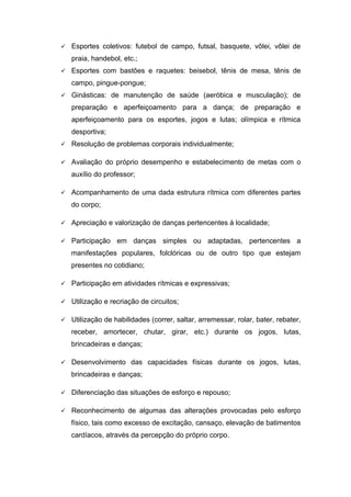  Esportes coletivos: futebol de campo, futsal, basquete, vôlei, vôlei de
praia, handebol, etc.;
 Esportes com bastões e raquetes: beisebol, tênis de mesa, tênis de
campo, pingue-pongue;
 Ginásticas: de manutenção de saúde (aeróbica e musculação); de
preparação e aperfeiçoamento para a dança; de preparação e
aperfeiçoamento para os esportes, jogos e lutas; olímpica e rítmica
desportiva;
 Resolução de problemas corporais individualmente;
 Avaliação do próprio desempenho e estabelecimento de metas com o
auxílio do professor;
 Acompanhamento de uma dada estrutura rítmica com diferentes partes
do corpo;
 Apreciação e valorização de danças pertencentes à localidade;
 Participação em danças simples ou adaptadas, pertencentes a
manifestações populares, folclóricas ou de outro tipo que estejam
presentes no cotidiano;
 Participação em atividades rítmicas e expressivas;
 Utilização e recriação de circuitos;
 Utilização de habilidades (correr, saltar, arremessar, rolar, bater, rebater,
receber, amortecer, chutar, girar, etc.) durante os jogos, lutas,
brincadeiras e danças;
 Desenvolvimento das capacidades físicas durante os jogos, lutas,
brincadeiras e danças;
 Diferenciação das situações de esforço e repouso;
 Reconhecimento de algumas das alterações provocadas pelo esforço
físico, tais como excesso de excitação, cansaço, elevação de batimentos
cardíacos, através da percepção do próprio corpo.
 