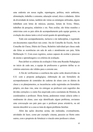 12
uma endemia em nossa região, reportagens, política, meio ambiente,
alimentação, trabalho e consumo, educação sexual, ética e cidadania. Além
da diversidade de temas, também são várias as estratégias utilizadas, alguns
trabalham com letras de músicas, poemas, leitura de livros, filmes,
trabalhos de pesquisa, relatórios e etc. Para avaliar, são feitas reuniões e
entrevistas com os pais além do acompanhamento pela equipe gestora, na
evolução dos alunos tanto a nível social quanto de aprendizagem.
Todo este acompanhamento, inclusive o de indisciplina, é registrado
em documentos específicos tais como: Ata de Conselho de Escola, Ata de
Conselho de Classe, Diário de Classe, Relatório individual por classe onde
são feitas as ocorrências em sala de aula e atendimento aos pais, ficha
Deliberação 11. Com esses registros, somos capazes de avaliar o processo
de ensino e aprendizagem e os critérios de avaliação.
Para definir os critérios de avaliação é feita uma Reunião Pedagógica
no início de cada ano, a equipe de professores e gestores define se os
critérios anteriores são válidos para o corrente ano.
A fim de verificarmos a coerência das ações serão desenvolvidas na
U.E. com a proposta pedagógica, elaboração de um formulário de
acompanhamento de conteúdos do caderno do aluno com os diários de
classe e os planejamentos, as incoerências serão registradas em formulário
próprio, em duas vias, uma via entregue ao professor com sugestões das
devidas correções e a outra fica arquivada com a assinatura da Diretora, da
coordenadora e professor. Desta forma, poderemos tomar ciência sobre o
rendimento do aluno, caso seja identificado algum problema, enviamos
uma convocação aos pais para que o professor possa orientá-lo, ou até
mesmo descobrir se a casa se trata de algum problema familiar.
Além das ações descritas acima, são realizadas, eventualmente,
atividades de lazer, como por exemplo: cinema, passeios ao Horto entre
outros, com o propósito de fortalecer o vínculo entre professor e aluno.
 