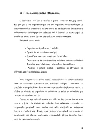 22
b) Técnico Administrativo e Operacional
O secretário é um dos elementos a quem a diretoria delega poderes.
Sua posição é tão importante que um dos requisitos para autorização de
funcionamento de uma escola é a existência de um secretário. Sua função é
a de coordenar uma equipe que colabore com a diretoria da escola capaz de
atender as necessidades de suas comunidades interna e externa.
Traçamos como meta:
- Organizar racionalmente o trabalho;
- Aproveitar os talentos da equipe;
- Simplificar processos e métodos de trabalho;
- Aproximar-se de seus usuários e antecipar suas necessidades;
- Trabalhar com eficiência, reduzindo os desperdícios;
- Planejar e dirigir, avaliar e controlar as atividades da
secretaria em consonância da escola.
Para atingirmos as metas acima, assessoramos e supervisionamos
todas as atividades administrativas, mantendo sempre a harmonia de
propósito e de princípios. Para sermos capazes de atingir essas metas, o
núcleo da direção se capacitou na execução de todos os trabalhos que
cabem a secretaria da escola.
Quanto ao operacional, temos investido na integração dos mesmos
com o objetivo da divisão de trabalho desenvolvendo o espírito de
cooperação, prestando suas tarefas com zelo, mantendo os ambientes
limpos e confortáveis. Tendo uma postura responsável em relação ao
atendimento aos alunos, professores, comunidade, já que também fazem
parte da equipe educacional.
 