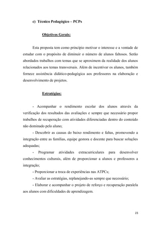 23
c) Técnico Pedagógico – PCPs
Objetivos Gerais:
Esta proposta tem como princípio motivar o interesse e a vontade de
estudar com o propósito de diminuir o número de alunos faltosos. Serão
abordados trabalhos com temas que se aproximem da realidade dos alunos
relacionados aos temas transversais. Além de incentivar os alunos, também
fornece assistência didático-pedagógica aos professores na elaboração e
desenvolvimento de projetos.
Estratégias:
- Acompanhar o rendimento escolar dos alunos através da
verificação dos resultados das avaliações e sempre que necessário propor
trabalhos de recuperação com atividades diferenciadas dentro do conteúdo
não dominado pelo aluno;
- Descobrir as causas do baixo rendimento e faltas, promovendo a
integração entre as famílias, equipe gestora e docente para buscar soluções
adequadas;
- Programar atividades extracurriculares para desenvolver
conhecimentos culturais, além de proporcionar a alunos e professores a
integração;
- Proporcionar a troca de experiências nas ATPCs;
- Avaliar as estratégias, replanejando-as sempre que necessário;
- Elaborar e acompanhar o projeto de reforço e recuperação paralela
aos alunos com dificuldades de aprendizagem.
 