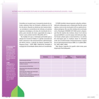 ROTEIRO PARA ELABORAÇÃO DO PLANO DE GESTÃO INTEGRADA DE RESÍDUOS SÓLIDOS - PGIRS
A Resolução 404
do CONAMA
simplificou o pro-
cesso de licencia-
mento dos ASPP,
não exigindo, em
princípio, o de-
senvolvimento de
EIA RIMA (BRASIL,
2008c).
A NBR
15849:2010 fixa
os critérios para
adequação dos
elementos de pro-
teção ambiental
aos condicionan-
tes locais (caracte-
rísticas do solo, do
rejeito, do freático
e do excedente
hídrico) (ABNT,
2010).
Considera-se no geral, que o transporte através de ve-
ículos coletores deve ser limitado a distâncias de 30
km do aterro. Quando as distâncias são maiores deve-
-se considerar a conveniência da inclusão, em pontos
regionais estratégicos, de áreas de transbordo de re-
jeitos, para veículos de maior capacidade de carga, e
menor custo unitário ton/km (VELLOSO, 2011).
Na medida em que a motivação primordial para a
adoção do Consórcio Público é a gestão associada de
todo o processo e não exclusivamente a administração
de aterros únicos, a solução de Aterros Sanitários de
Pequeno Porte – ASPP (NBR 15849:2010), limitados à
recepção de 20 toneladas diárias deve ser considerada.
O PGIRS também deverá apontar soluções ambien-
talmente adequadas para a disposição final de outros
rejeitos, como os da construção civil e os rejeitos de re-
síduos perigosos. No caso dos resíduos da construção
civil, a Resolução CONAMA 307/2002 prevê a disposi-
ção final de rejeitos dos resíduos classe A em aterros
que possibilitem o uso do espaço aterrado para algu-
ma função urbana após o encerramento, e os aterros
de reservação para os resíduos classe A, triturável,
onde são acondicionados temporariamente à espera
de um aproveitamento futuro (NBR 15113:2004) (BRA-
SIL, 2002; ABNT, 2004).
Veja abaixo sugestão de quadro sobre áreas para
disposição final adequada :
Diretrizes Estratégias
Metas
quantitativas
Programas e ações
encerramento de lixões
disposição final adequada de rejeitos de
resíduos urbanos
encerramento de bota foras
disposição final adequada de rejeitos da
construção
reservação de resíduos da construção
para uso futuro – classe A
disposição final adequada de rejeitos de
resíduos industriais perigosos
ICLEI 104 3/21/12 5:04 PM
 