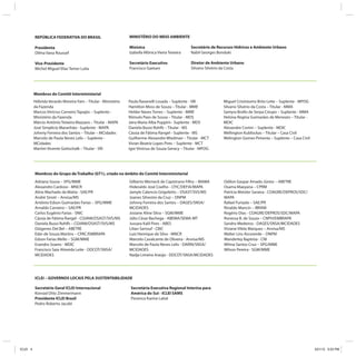 Membros do Grupo de Trabalho (GT1), criado no âmbito do Comitê Interministerial
REPÚBLICA FEDERATIVA DO BRASIL
Presidenta
Dilma Vana Roussef
Vice-Presidente
Michel Miguel Elias Temer Lulia
Membros do Comitê Interministerial
ICLEI – GOVERNOS LOCAIS PELA SUSTENTABILIDADE
Secretário Geral ICLEI Internacional
Konrad Otto Zimmermann
Presidente ICLEI Brasil
Pedro Roberto Jacobi
Secretária Executiva Regional Interina para
América do Sul - ICLEI SAMS
Florence Karine Laloë
Adriana Sousa – SPG/MME
Alexandro Cardoso - MNCR
Aline Machado da Matta - SAE/PR
André Sinoti – Anvisa/MS
Antônio Edson Guimarães Farias – SPG/MME
Arnaldo Carneiro – SAE/PR
Carlos Eugênio Farias - SNIC
Cássia de Fátima Rangel - CGVAM/DSAST/SVS/MS
Daniela Buosi Rohlfs – CGVAM/DSAST/SVS/MS
Diógenes Del Bel – ABETRE
Eder de Souza Martins – CPAC/EMBRAPA
Edson Farias Mello – SGM/MME
Evandro Soares - MDIC
Francisco Saia Almeida Leite - DDCOT/SNSA/
MCIDADES
Gilberto Werneck de Capistrano Filho – IBAMA
Hideraldo José Coelho - CFIC/DEFIA/MAPA
Jamyle Calencio Grigoletto – DSAST/SVS/MS
Joanes Silvestre da Cruz – DNPM
Johnny Ferreira dos Santos – DAGES/SNSA/
MCIDADES
Josiane Aline Silva – SGM/MME
Júlio César Bachega - ABEMA/SEMA-MT
Jussara Kalil Pires - ABES
Lilian Sarrouf - CBIC
Luiz Henrique da Silva - MNCR
Marcelo Cavalcante de Oliveira - Anvisa/MS
Marcelo de Paula Neves Lelis - DARIN/SNSA/
MCIDADES
Nadja Limeira Araújo - DDCOT/SNSA/MCIDADES
Odilon Gaspar Amado Júnior – ABETRE
Osama Maeyana – CPRM
Patrícia Metzler Saraiva - COAGRE/DEPROS/SDC/
MAPA
Rafael Furtado – SAE/PR
Rinaldo Mancin – IBRAM
Rogério Dias - COAGRE/DEPROS/SDC/MAPA
Ronessa B. de Souza – CNPH/EMBRAPA
Sandro Medeiros - DAGES/SNSA/MCIDADES
Viviane Vilela Marques – Anvisa/MS
Walter Lins Arcoverde – DNPM
Wanderley Baptista - CNI
Wilma Santos Cruz – SPG/MME
Wilson Pereira - SGM/MME
Hébrida Verardo Moreira Fam – Titular - Ministério
da Fazenda
Marcos Vinícius Carneiro Tapajós – Suplente -
Ministério da Fazenda
Márcio Antônio Teixeira Mazzaro – Titular - MAPA
José Simplício Maranhão– Suplente - MAPA
Johnny Ferreira dos Santos – Titular – MCidades
Marcelo de Paula Neves Lelis – Suplente -
MCidades
Martim Vicente Gottschalk – Titular - SRI
Paula Ravanelli Losada – Suplente - SRI
Hamilton Moss de Souza – Titular - MME
Helder Naves Torres – Suplente - MME
Rômulo Paes de Sousa – Titular - MDS
Jaira Maria Alba Puppim– Suplente - MDS
Daniela Buosi Rohlfs – Titular - MS
Cássia de Fátima Rangel - Suplente - MS
Guilherme Alexandre Wiedman – Titular - MCT
Vivian Beatriz Lopes Pires – Suplente - MCT
Igor Vinícius de Souza Geracy – Titular - MPOG
Miguel Crisóstomo Brito Leite – Suplente - MPOG
Silvano Silvério da Costa – Titular - MMA
Samyra Brollo de Serpa Crespo – Suplente - MMA
Heloisa Regina Guimarães de Menezes – Titular -
MDIC
Alexandre Comin – Suplente - MDIC
Wellington Kublisckas – Titular – Casa Civil
Welington Gomes Pimenta – Suplente – Casa Civil
MINISTÉRIO DO MEIO AMBIENTE
Ministra
Izabella Mônica Vieira Teixeira
Secretário Executivo
Francisco Gaetani
Secretário de Recursos Hídricos e Ambiente Urbano
Nabil Georges Bonduki
Diretor de Ambiente Urbano
Silvano Silvério da Costa
ICLEI 4 3/21/12 5:03 PM
 