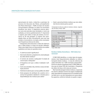 58
ORIENTAÇÕES PARA ELABORAÇÃO DOS PLANOS
aproximação de modo a induzí-los a participar do
processo de discussão dos Planos, principalmente
dos Planos Municipais – PGIRS. Os tipos de veículos
transportadores utilizados na coleta nos municípios
brasileiros são vários. O diagnóstico precisa apon-
tar como são exercidas estas atividades, e como são
avaliadas, ao menos qualitativamente. É importante
o registro, para todos os tipos de resíduos, da ocor-
rência ou de não pesagem. O registro das quan-
tidades deve ser feito mensalmente, para que seja
evitada a inconsistência de dados entre municípios
com frequências diversas de coleta.
O diagnóstico deve descrever o índice de cobertura
que a coleta atinge e os tipos de veículos utilizados.
Sobre estes dados deve ser desenvolvida uma análise
qualitativa com base em questões como:
» A cobertura atual é significativa?
» Está muito distante o propósito de universalização
da coleta destes resíduos?
» O número de veículos é adequado? O estado de
conservação é adequado?
» A frequência com que a coleta é realizada é sufi-
ciente?
» Como são atendidas vilas, distritos e áreas de habi-
tação precária?
» Há limite de volume para o serviço público de coleta?
» Existe pesquisa de satisfação dos usuários com o
serviço? Os geradores obedecem o horário para a
disponibilização dos resíduos para coleta?
» Qual o percentual destes resíduos que são coleta-
dos fora do sistema porta a porta?
Tipo de veículo
Percentual por
tipo (%)
Caminhão compactador 39,0
Caminhão basc., baú ou carroceria 45,0
Caminhão Poliguindaste 2,9
Trator agrícola c/ reboque 9,2
Tração animal 3,5
Embarcações 0,4
Total 100
Composição da frota de coleta de resíduos urbanos, segundo
tipo de veículo, Brasil, 2009
Fonte: SNIS, 2009
Resíduos Sólidos Domiciliares – RSD Coleta Con-
vencional
O SNIS 2009 identificou os vários tipos de equipa-
mentos mais frequentemente utilizados na coleta e
transporte destes resíduos, e a taxa de cobertura da
coleta domiciliar nos 1.698 municípios pesquisados -
93,4% em relação à população total. O SNIS 2008 mos-
trou que em quase 70% dos municípios a frequência
da coleta é de duas a três vezes por semana.
Não havendo pesagem destes resíduos, a expressão
do volume coletado (número de viagens multiplicado
pela capacidade do equipamento) em toneladas pode
ser feita com o uso dos indicadores de massa especí-
fica aparente, conforme indicado no quadro a seguir.
ICLEI 58 3/21/12 5:03 PM
 