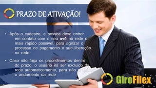 PRAZO DE ATIVAÇÃO! 
• Após o cadastro, a pessoa deve entrar 
em contato com o seu avô na rede o 
mais rápido possível, para agilizar o 
processo de pagamento e sua liberação 
na rede. 
• Caso não faça os procedimentos dentro 
do prazo, o usuário irá ser excluído da 
rede automaticamente, para não prejudicar 
o andamento da rede 
GiroFllex 
 